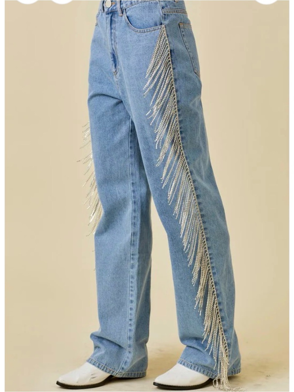 Light Wash Jeans with Silver Rhinestone Fringe Side Trim Sz L